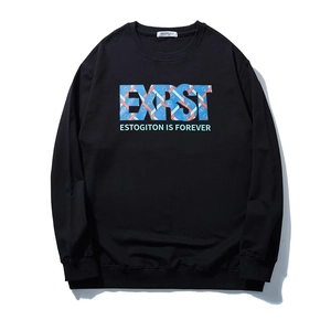 Men's oversized black crewneck sweatshirt with blue geometric letter print on the chest