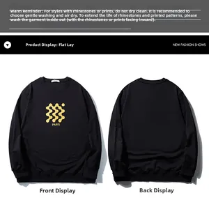 Flat lay of black crewneck sweatshirt with gold Paris logo and back view display