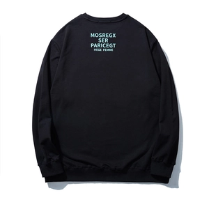 Loose fit black men's sweatshirt featuring light blue letter print on the back