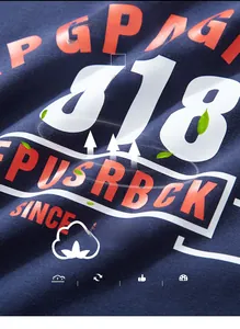 Detailed macro shot of 95% cotton fabric texture and printed lettering on navy T-shirt