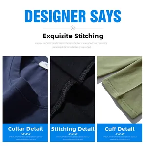 Detail view of cotton t-shirt collar, stitching, and cuffs in navy, black and green