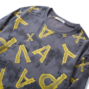 Deep grey acid wash sweatshirt with yellow graphic print and 4XL neck label detail