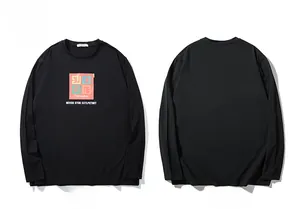 Front and back view of men's black long sleeve t-shirt with geometric chest print