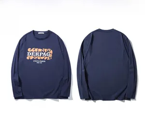 Vue à plat du t-shirt bleu marine à manches longues avec détails avant et arrière