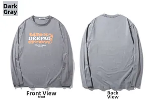 Vue détaillée de face et de dos du t-shirt à manches longues gris foncé avec imprimé