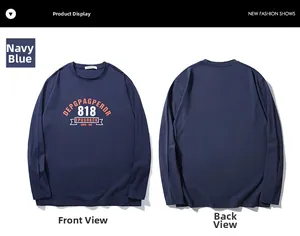 Front and back view of navy long-sleeve T-shirt with orange 818 graphic print