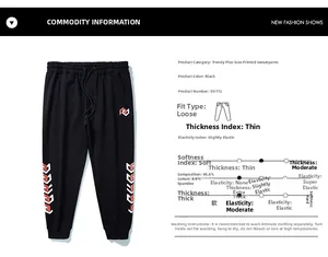 Detailed fabric composition of cotton blend sweatpants with red geometric side printing