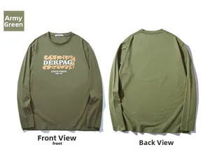 Détails avant et arrière du t-shirt à manches longues vert armée avec imprimé graphique