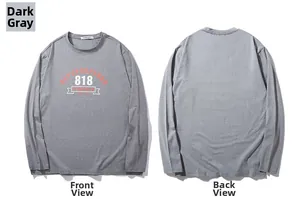 Flat lay of dark gray long sleeve T-shirt with vintage letter print on front and back