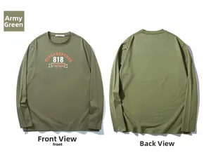 Front and back view of army green long sleeve T-shirt with vintage letter prints