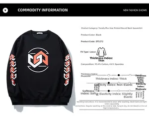 Détail du sweat-shirt en coton noir avec tableau des tailles et caractéristiques