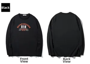Detail view of black crew neck long sleeve tee with vintage orange graphic and 818 print