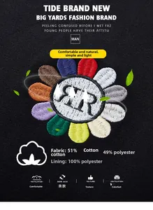 Detailed close-up of colorful floral embroidery and RR logo on black cotton blend fabric