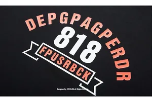 Detailed close-up of retro graphic print and number 818 on black cotton long sleeve T-shirt