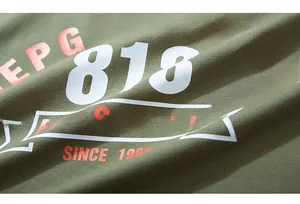 Macro detail of military green cotton shirt with vintage 818 graphic print and knit texture