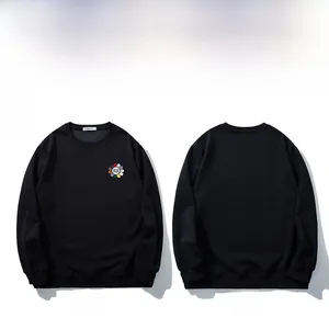 Front and back view of black sweatshirt with colorful flower embroidery on the chest