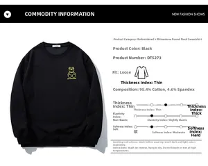Detail of bear embroidery and rhinestones on black cotton blend sweatshirt with tech specs