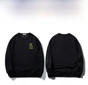 Detail of black crewneck sweatshirt showing front and back with yellow bear embroidery