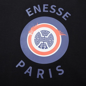 Black cotton long sleeve t-shirt featuring circular Enesse Paris dragon graphic print