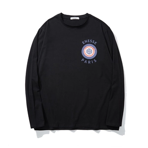 Men's loose black long-sleeve T-shirt featuring ENESSE PARIS graphic print and crew neck