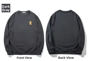 Flat lay of dark grey crewneck sweatshirt with bear embroidery, showing front and back view