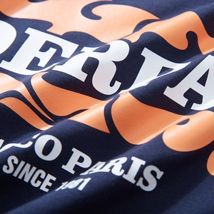 T-shirt manches longues homme bleu foncé avec motif flamme orange et imprimé PARIS