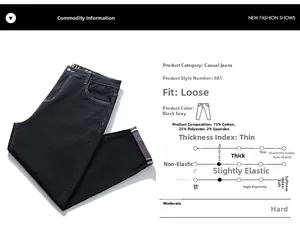 Detail of loose fit denim fabric composition and technical specs for men's casual jeans