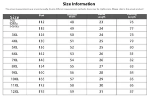 Detailed size chart for oversized printed T-shirt ranging from XL to 12XL measurements