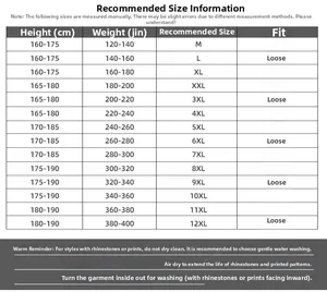 Size chart for oversized T-shirts ranging from M to 12XL with height and weight metrics