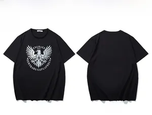 Detail of black T-shirt featuring metallic silver eagle totem and ENGHAER graphic print