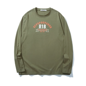 Men's loose long-sleeve cotton T-shirt in olive green with vintage letter print