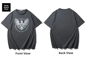 Front and back views of a dark grey cotton T-shirt with white eagle graphic and silver print