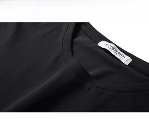 Detail of reinforced double-needle neckline and woven size label on black cotton T-shirt