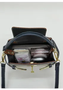Vertical shot showing spacious interior of color-block bag with phone and cosmetics