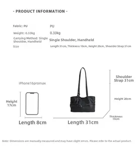 Size chart for black lychee pattern PU leather tote bag with measurements and phone comparison