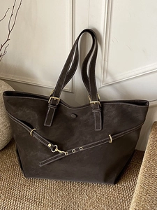Minimalist large brown suede tote bag with golden hardware for office and daily commuting