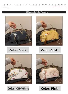 Macro view showing four embroidered silk shell bags in black gold beige and pink