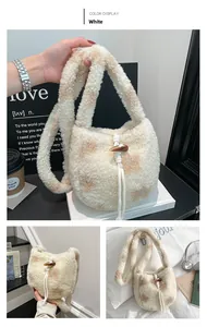 Detail of plush floral bucket bag with lamb wool texture and faux horn buckle closure