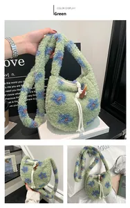 Detail of green plush tote bag with flower pattern, drawstring and horn button closure
