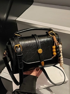 Sac Bandoulière Vintage en Cuir PU pour Femmes Sac à Main Texturé Patchwork Avec Pompon en Perles Sac à Épaule Urbain
