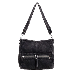 Retro washed denim crossbody bag with multiple zippers and adjustable shoulder strap
