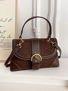 Vintage Leopard Print Handbag For Women Large Capacity Saddle Bag PU Leather Crossbody Shoulder Bag Contrast Stitching
