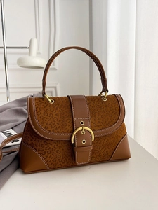 Retro leopard print contrast handbag with leather trim and gold ring buckle detail
