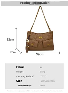 Brown quilted PU shoulder bag featuring gold twist-lock and dimensions for daily commute