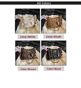 Close-up of quilted shoulder bags in four colors with gold locks and beaded charms