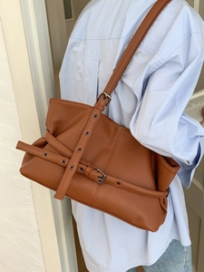 Women Retro Litchi Texture PU Leather Tote Underarm Bag Minimalist Large Capacity Commute Shoulder Bag With Decorative Belt