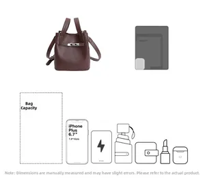 Brown bucket bag capacity display with daily essentials like iPhone and wallet