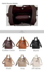 Detail of litchi texture leather bucket bag with inner pouch and six color options