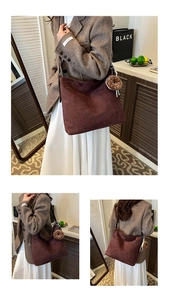 Detail of dark brown matte leather tote bag with a plush doughnut charm pendant