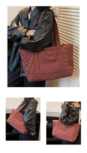 Detailed close-up of burgundy quilted nylon tote bag with elegant embroidery texture